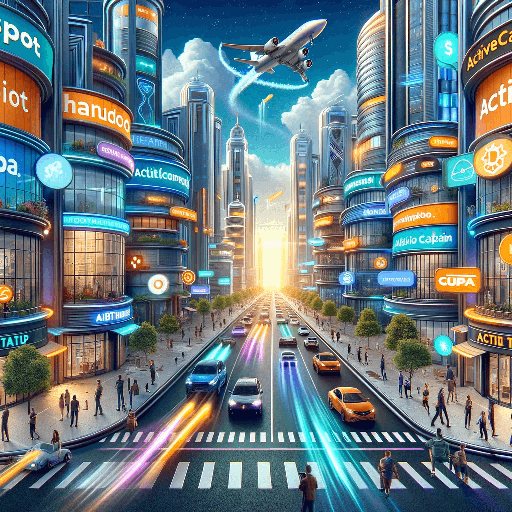 DALL·E 2023 12 26 14.26.25 Uma ilustracao digital realista e altamente detalhada que representa a competicao entre HubSpot e ActiveCampaign no mundo do marketing digital. A imag