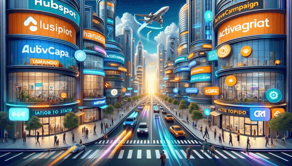 DALL·E 2023 12 26 14.26.25 Uma ilustracao digital realista e altamente detalhada que representa a competicao entre HubSpot e ActiveCampaign no mundo do marketing digital. A imag