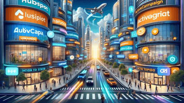activecampaign alternativas populares 10 DALL·E 2023 12 26 14.26.25 Uma ilustracao digital realista e altamente detalhada que representa a competicao entre HubSpot e ActiveCampaign no mundo do marketing digital. A imag