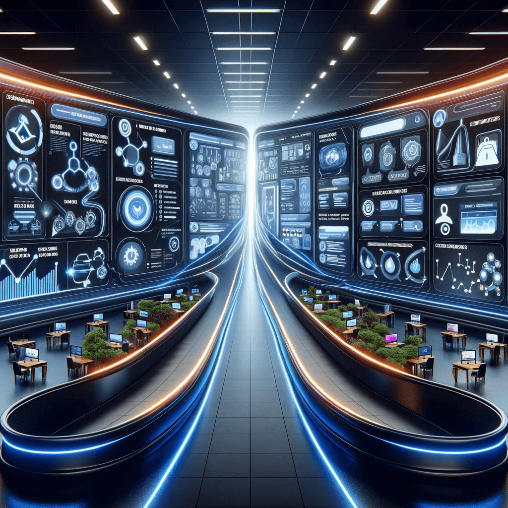 DALL·E 2023 12 27 11.33.46 Imagem horizontal sofisticada e chamativa sobre o comparativo entre ActiveCampaign e ClickFunnels. A cena mostra um grande display curvo horizontal di