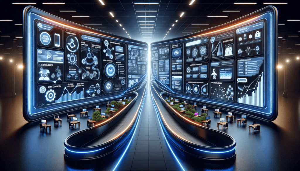 DALL·E 2023 12 27 11.33.46 Imagem horizontal sofisticada e chamativa sobre o comparativo entre ActiveCampaign e ClickFunnels. A cena mostra um grande display curvo horizontal di