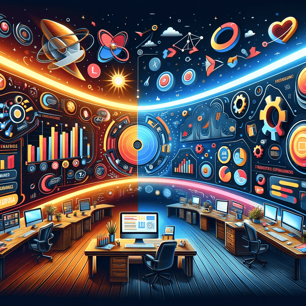 activecampaign vs zoho comparativo completo 2 DALL·E 2023 12 27 11.43.54 Imagem horizontal sofisticada e chamativa ilustrando o comparativo completo entre ActiveCampaign e Zoho. A cena apresenta um grande display curvo hori