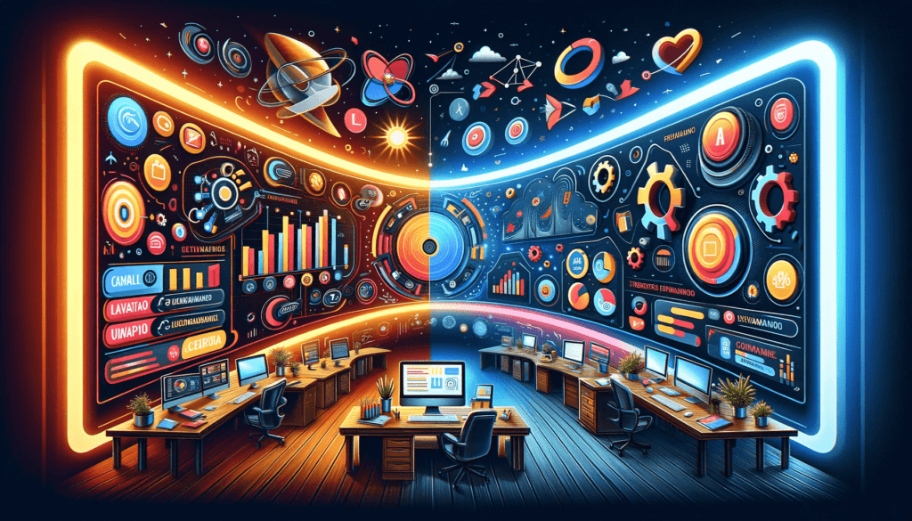 activecampaign vs zoho comparativo completo 1 DALL·E 2023 12 27 11.43.54 Imagem horizontal sofisticada e chamativa ilustrando o comparativo completo entre ActiveCampaign e Zoho. A cena apresenta um grande display curvo hori