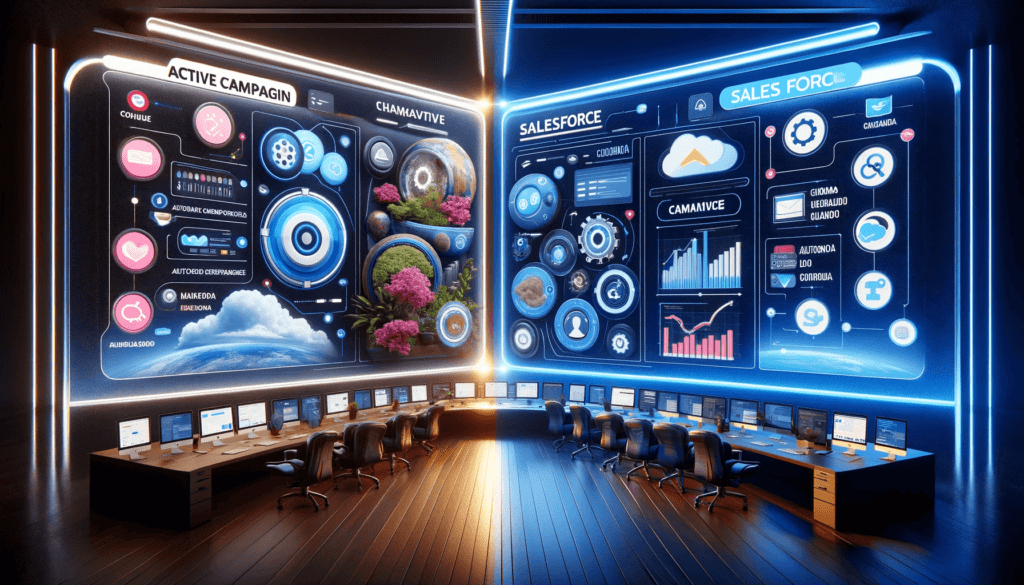 DALL·E 2023 12 27 11.53.41 Imagem horizontal sofisticada e chamativa na area de tecnologia ilustrando o comparativo entre ActiveCampaign e Salesforce. A cena exibe um grande di