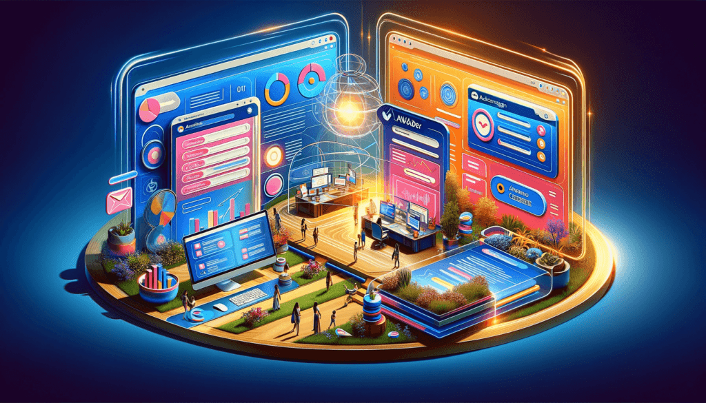 DALL·E 2023 12 28 09.11.04 Imagem horizontal sofisticada e chamativa na area de tecnologia mostrando um comparativo completo entre ActiveCampaign e AWeber. A cena inclui um gra