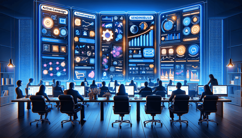 DALL·E 2023 12 28 09.44.11 Imagem horizontal sofisticada e chamativa na area de tecnologia mostrando um comparativo completo entre ActiveCampaign e SendinBlue. A cena apresenta