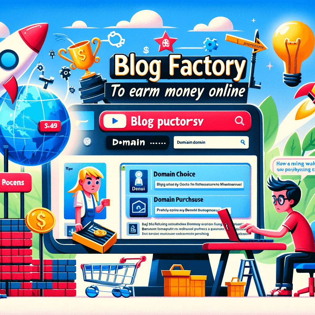 DALL·E 2023 12 21 15.52.48 Create a YouTube cover with a Pixar style illustration that communicates the process of building a blog factory to earn money online. The cover should