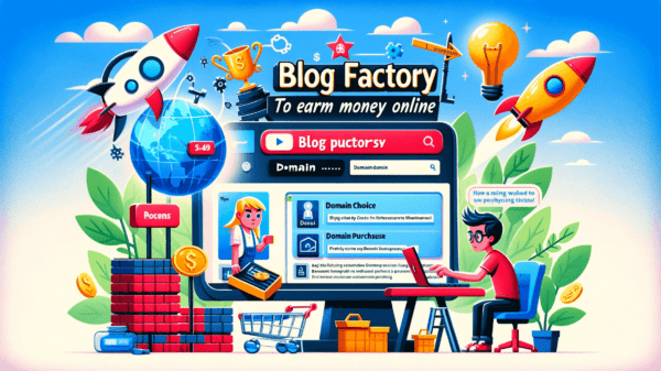 Domínio 7 DALL·E 2023 12 21 15.52.48 Create a YouTube cover with a Pixar style illustration that communicates the process of building a blog factory to earn money online. The cover should