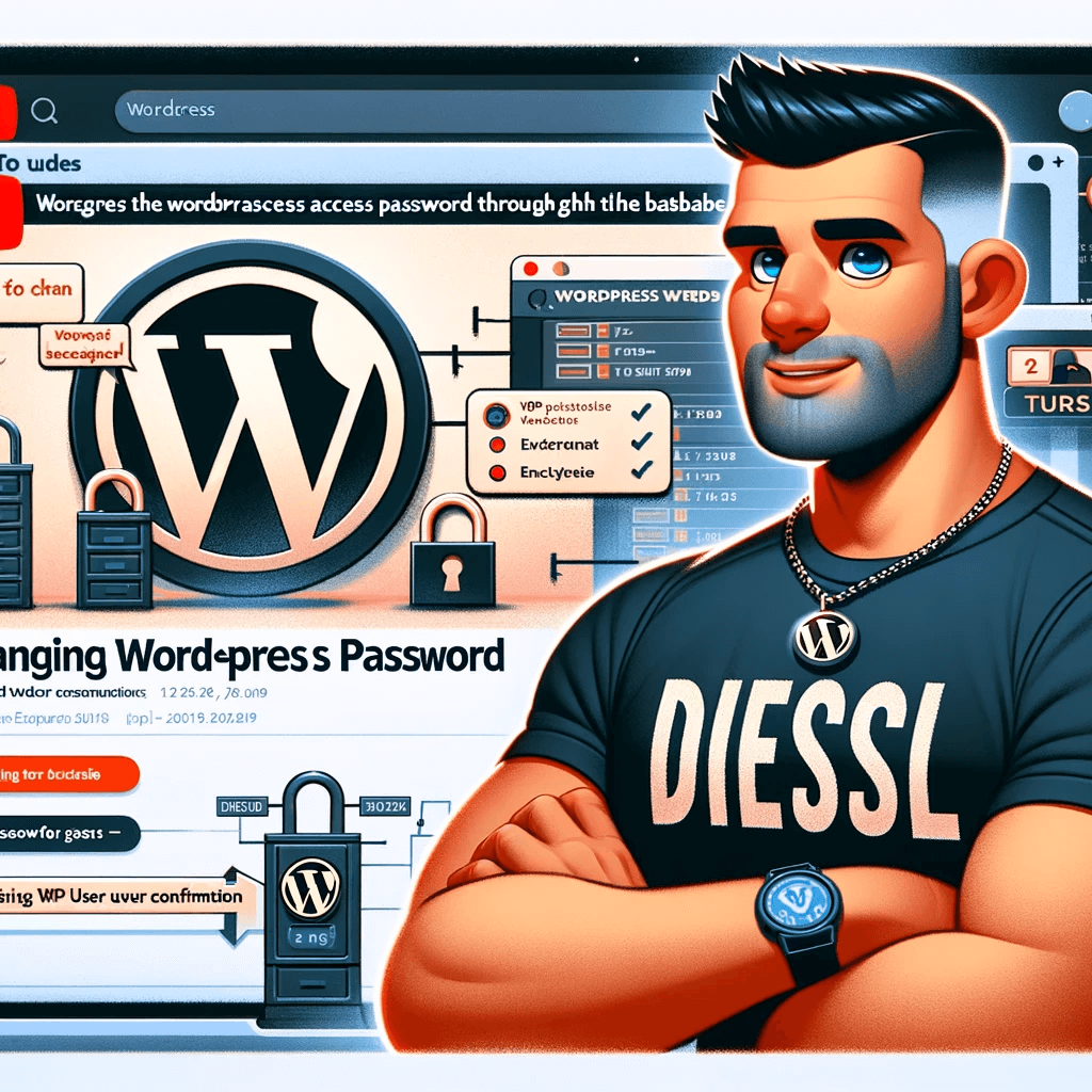 Redefinição de Senha do WordPress 5 DALL·E 2023 12 22 10.19.43 Create a YouTube cover in a Pixar style illustration for a tutorial on changing the WordPress access password through the database. The cover should f