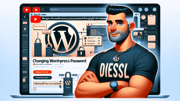 Redefinição de Senha do WordPress 8 DALL·E 2023 12 22 10.19.43 Create a YouTube cover in a Pixar style illustration for a tutorial on changing the WordPress access password through the database. The cover should f